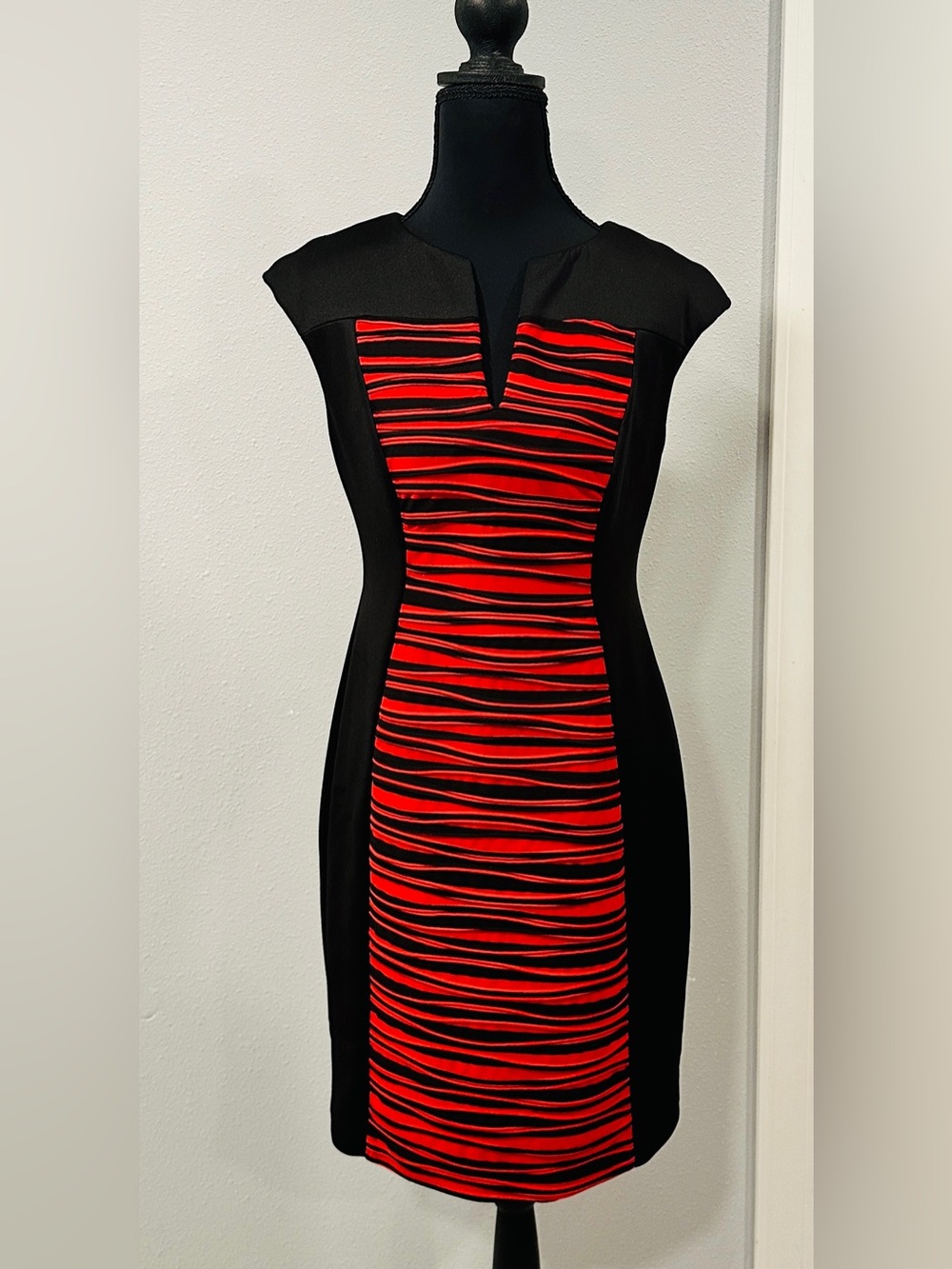 Connected Apparel - Size 6-  Black & Red Striped Sheath Dress